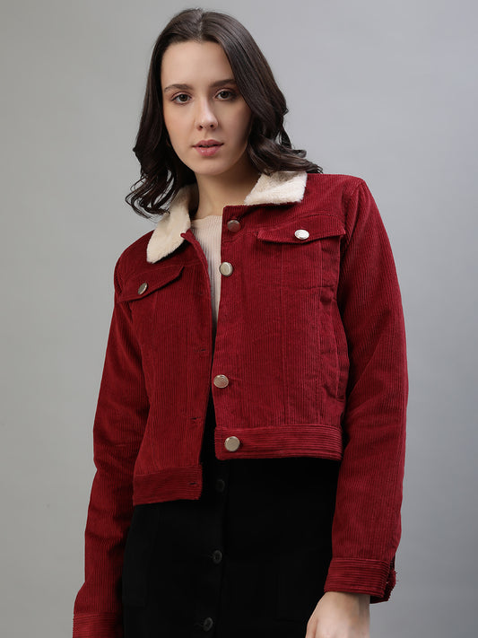 Iconic Women Red Solid Collar Jacket