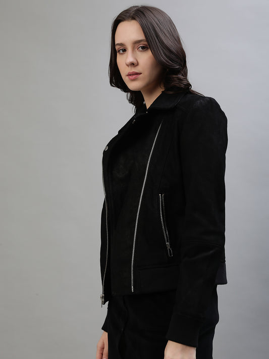 Iconic Women Black Solid Collar Leather Jacket