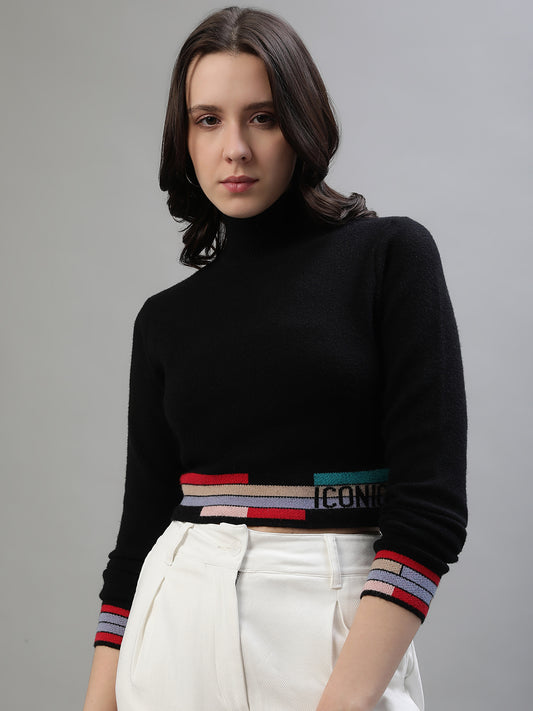 Iconic Women Black Solid Round Neck Sweater