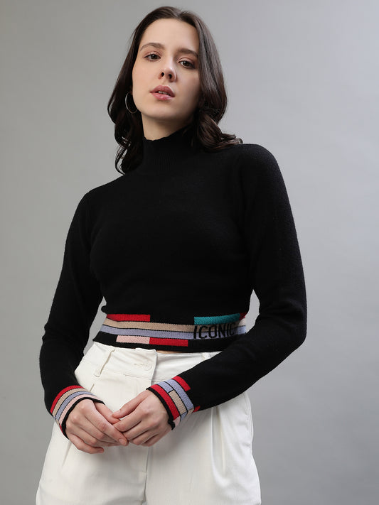 Iconic Women Black Solid Round Neck Sweater