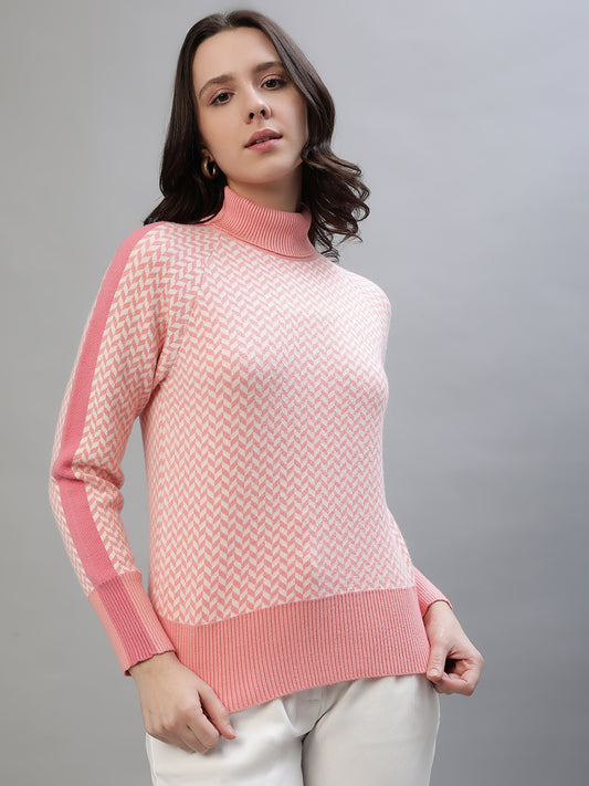 Iconic Women Pink Checked Turtle Neck Sweater