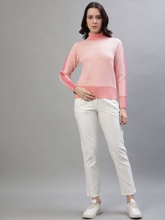 Iconic Women Pink Checked Turtle Neck Sweater