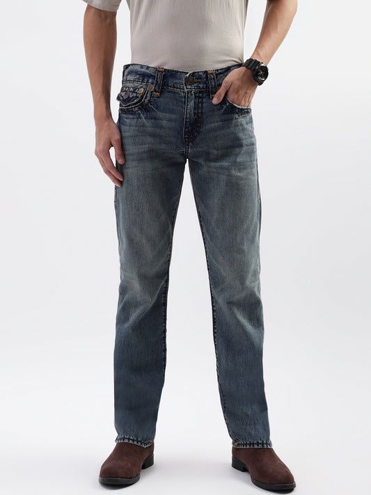 True Religion Men Blue Washed Straight Fit Jeans