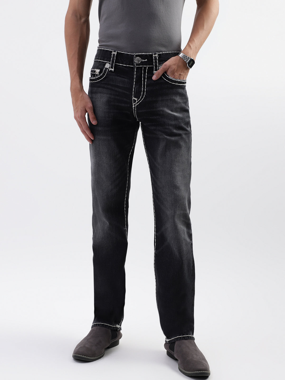 True Religion Men Black Washed Straight Fit Jeans