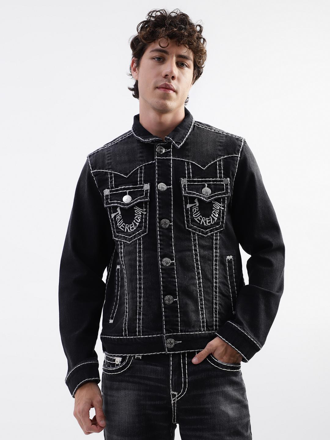 True Religion Men Black Printed Collar Jacket