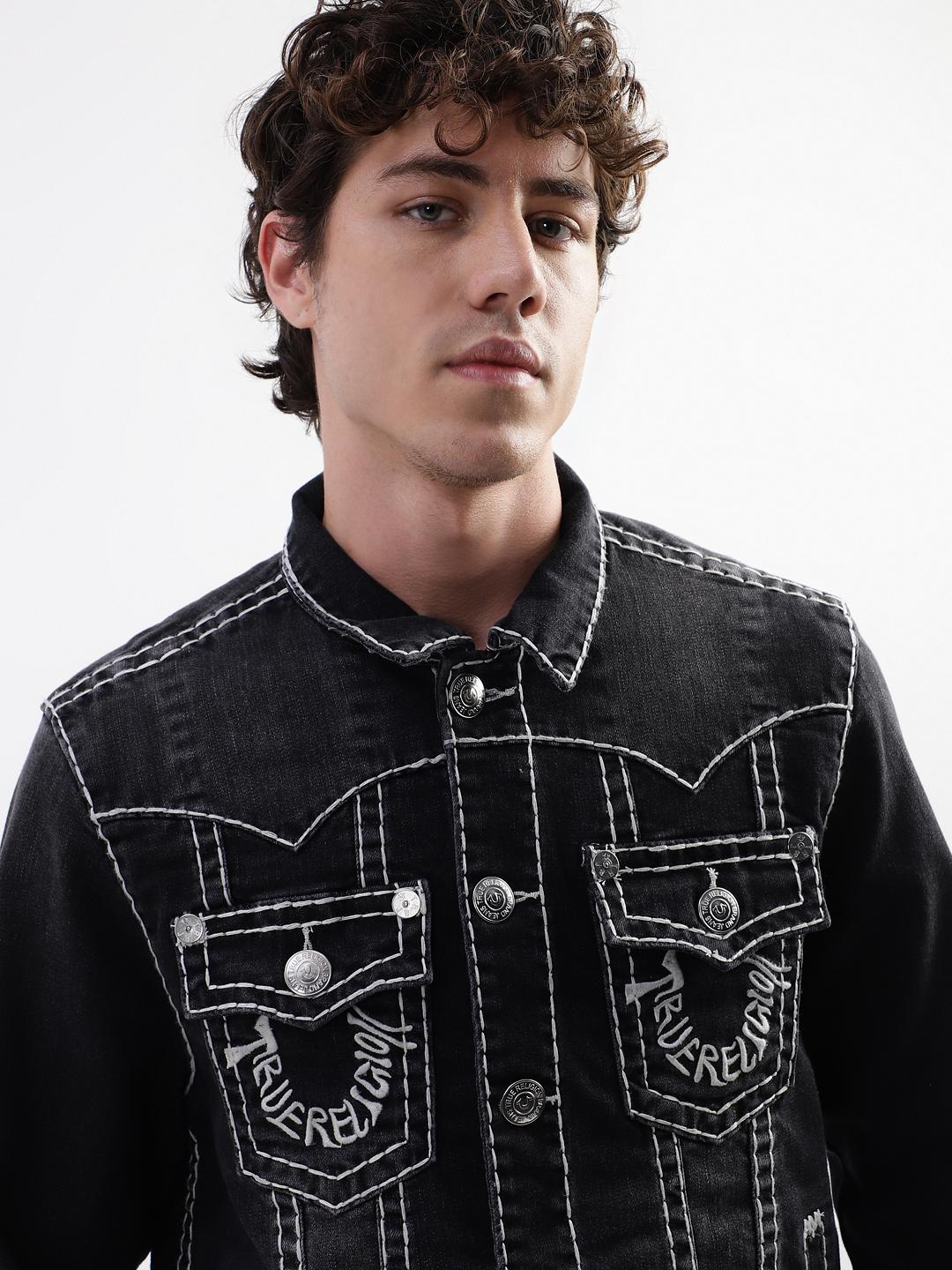 True Religion Men Black Printed Collar Jacket