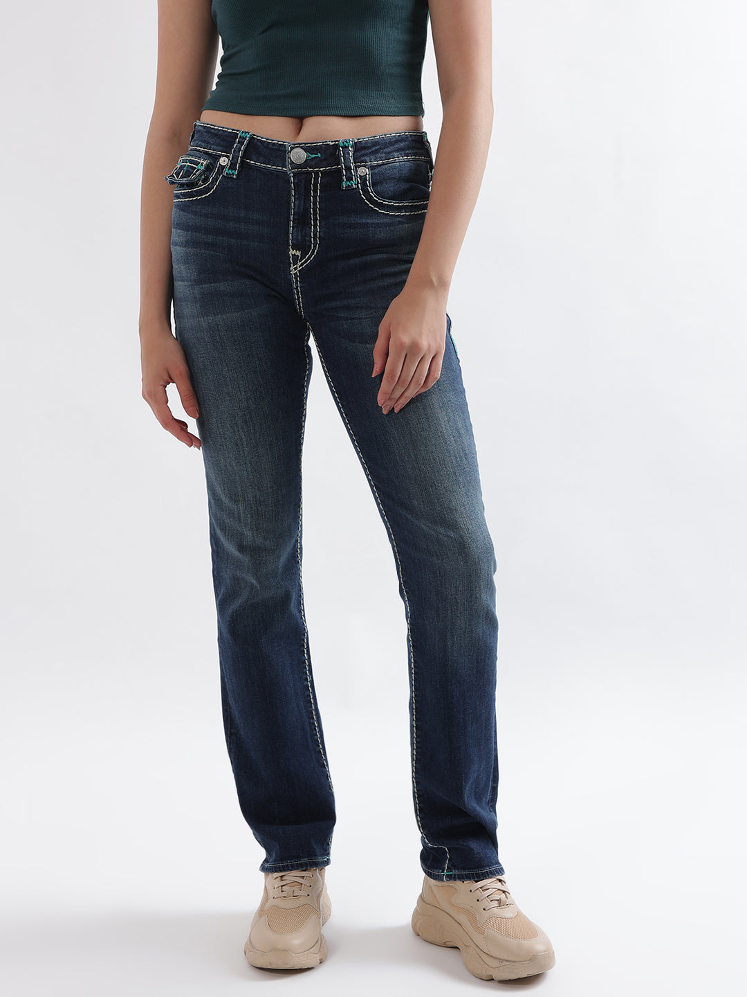 True Religion Women Blue Solid Straight Fit Jeans