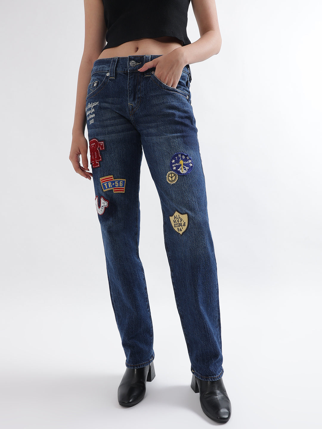 True Religion Women Blue Printed Straight Fit Jeans