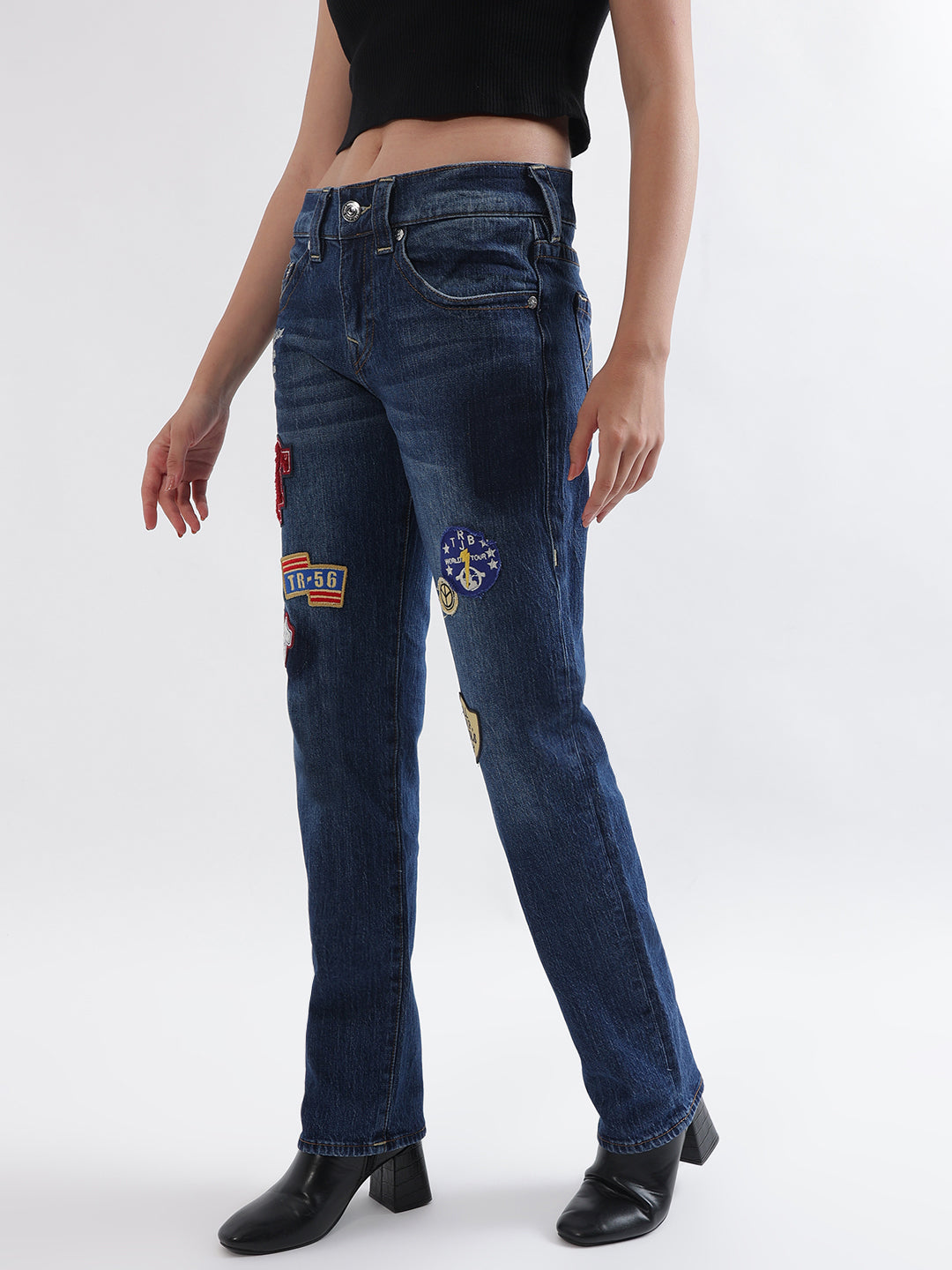 True Religion Women Blue Printed Straight Fit Jeans