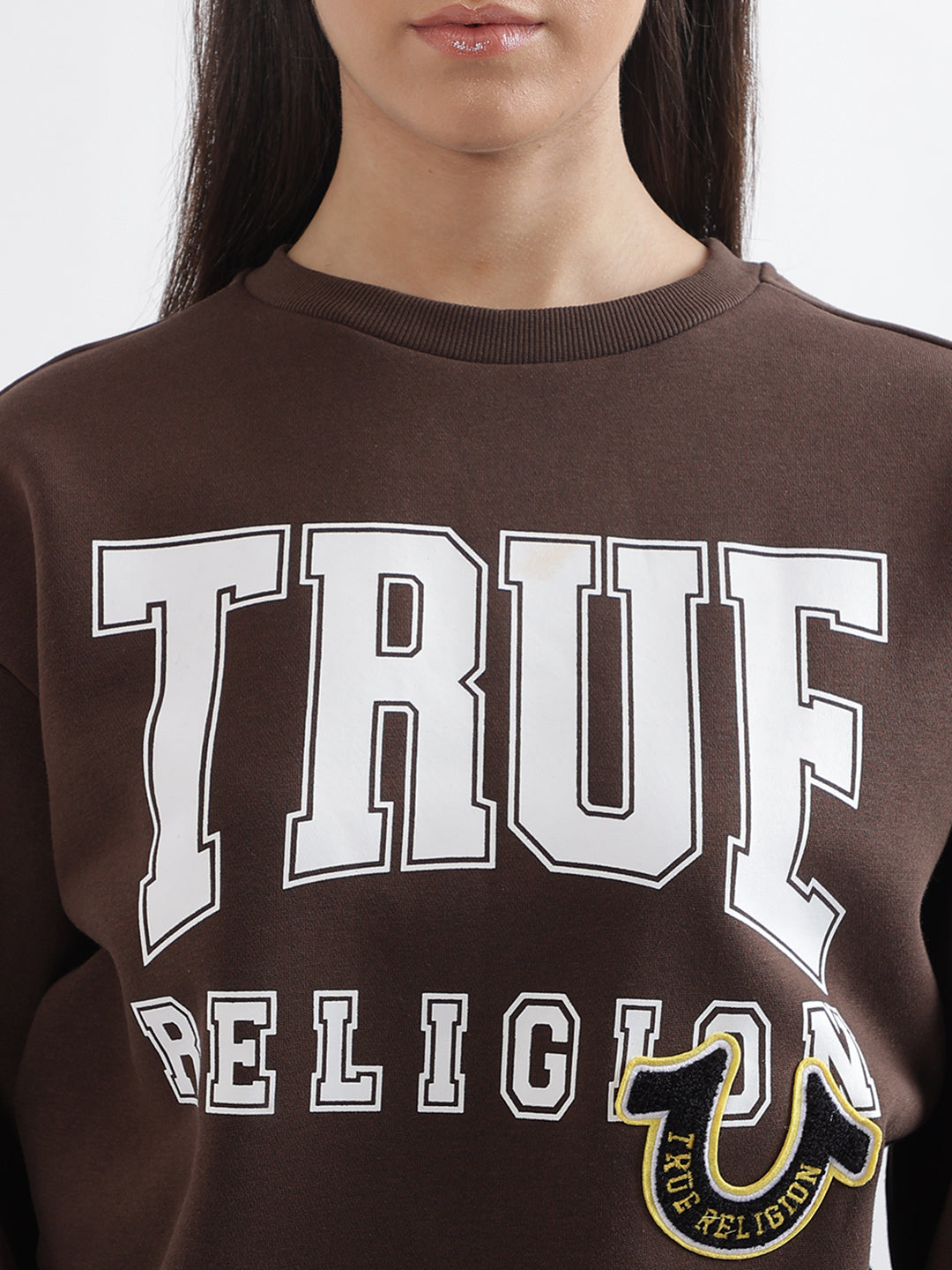 True Religion Women Brown Printed Round Neck Sweatshirt