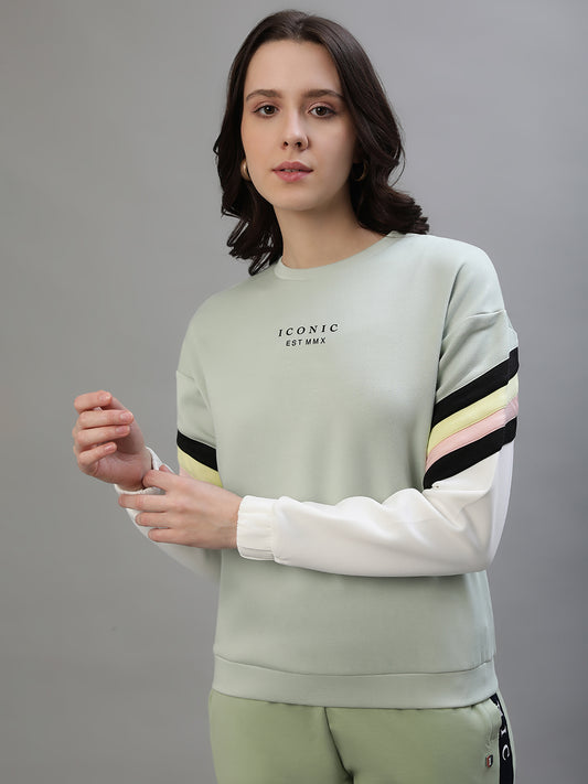 Iconic Women Mint Color Blocked Round Neck Sweatshirt