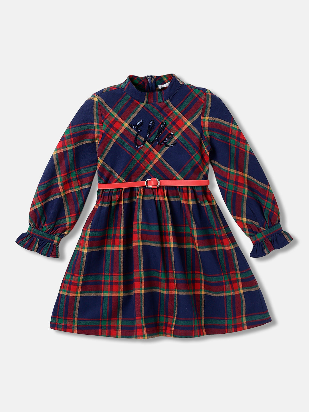 Elle Girls Checked Band Collar Full Sleeves Dress