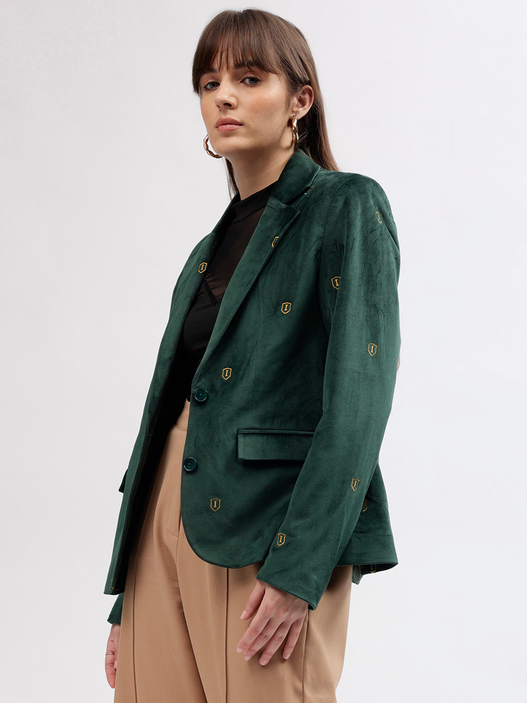 Iconic Women Green Solid Notched Lapel Full Sleeves Blazer