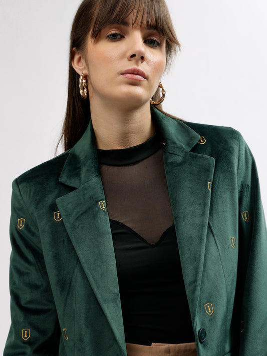 Iconic Women Green Solid Notched Lapel Full Sleeves Blazer