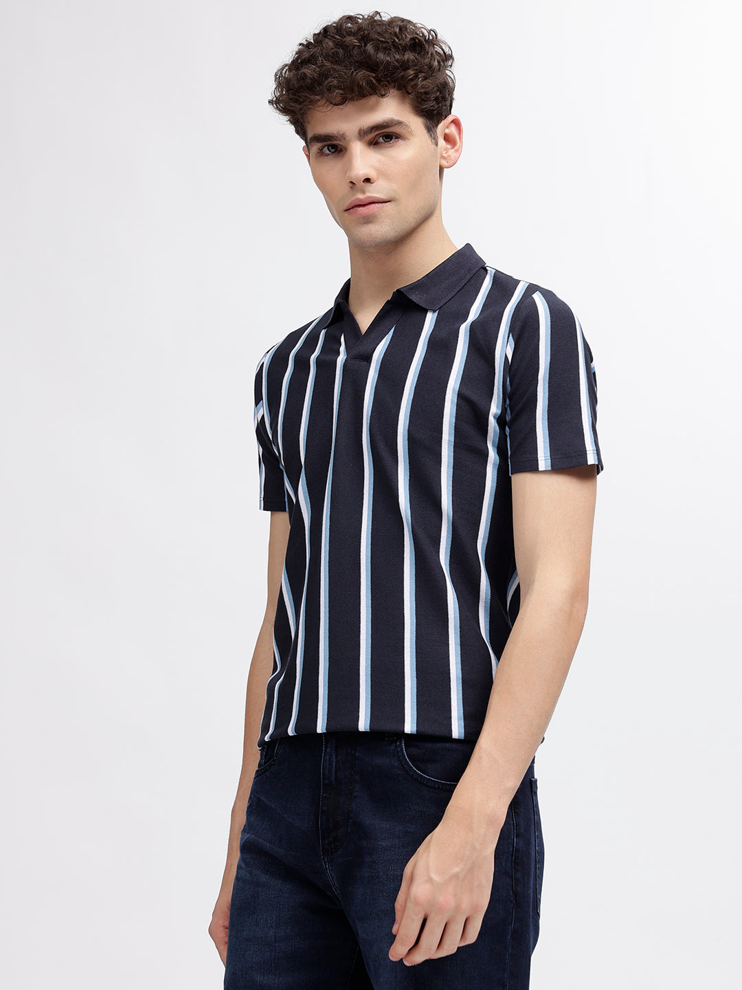 Lindbergh Men Blue Striped Polo Collar Short Sleeves T-Shirt