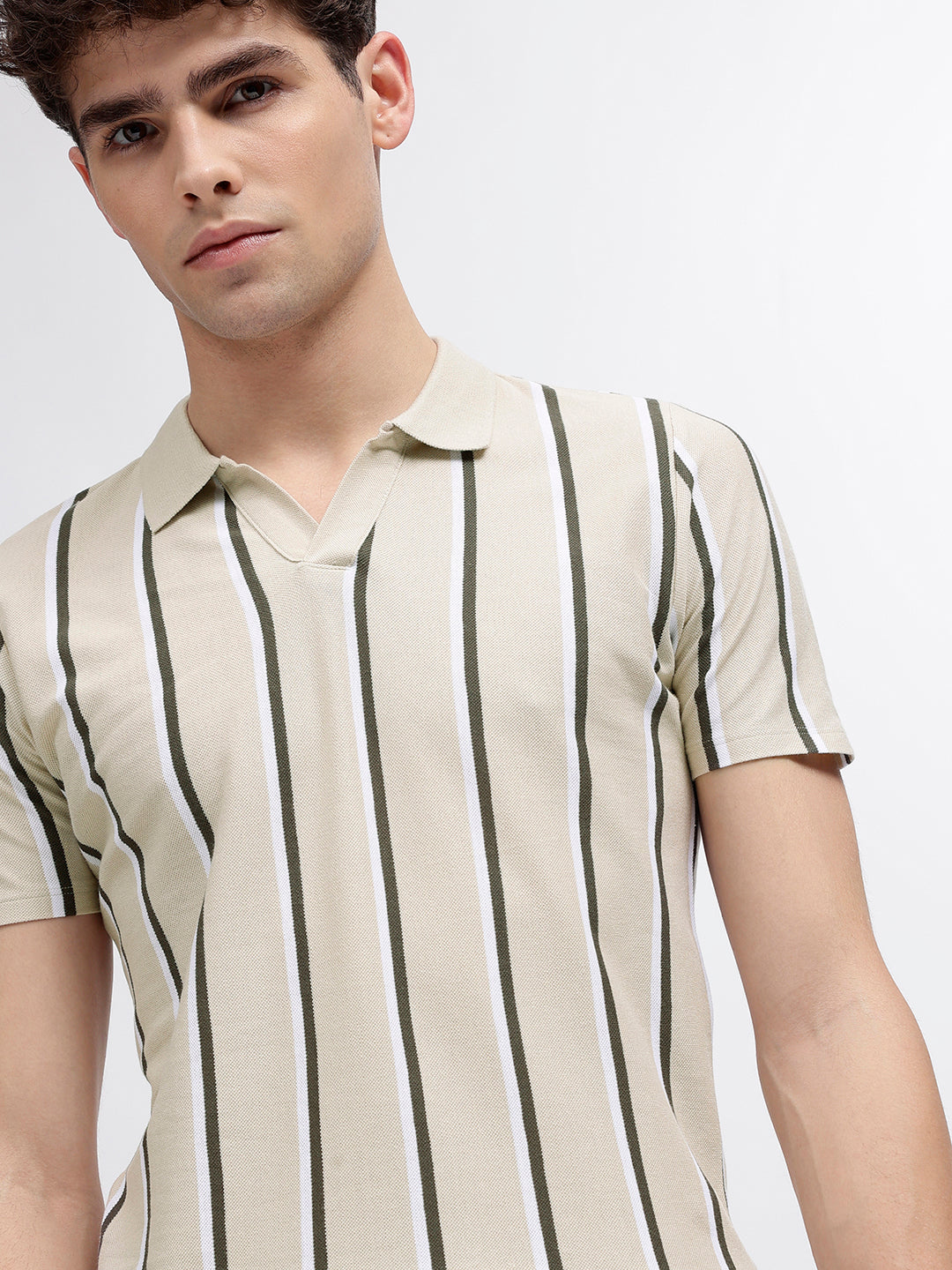 Lindbergh Men Beige Striped Polo Collar Short Sleeves T-Shirt