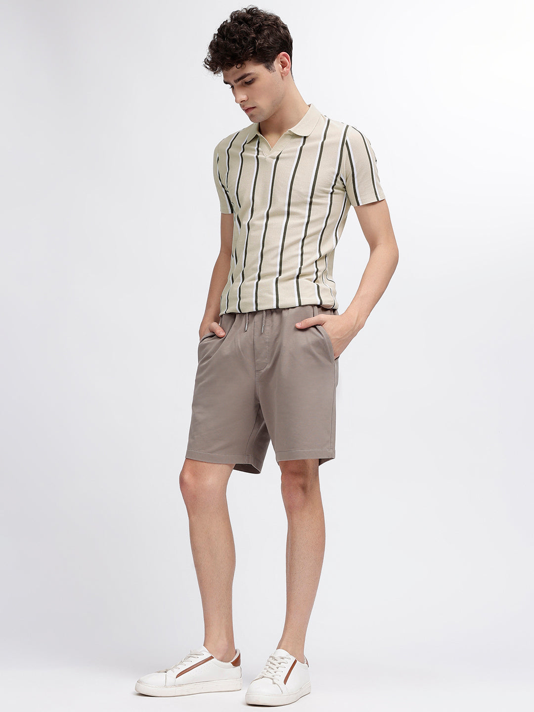 Lindbergh Men Beige Striped Polo Collar Short Sleeves T-Shirt