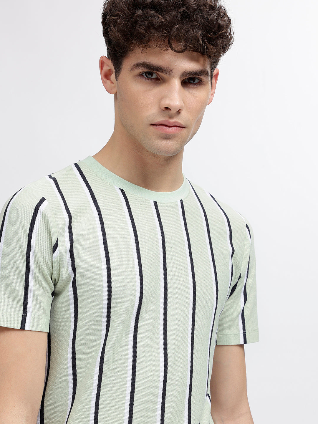 Lindbergh Men Green Striped Round Neck Short Sleeves T-Shirt