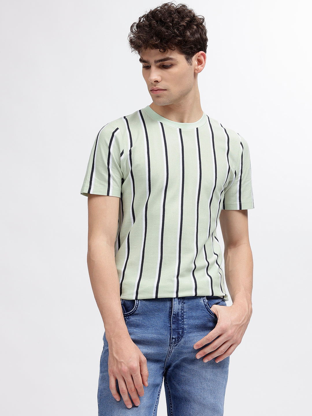 Lindbergh Men Green Striped Round Neck Short Sleeves T-Shirt