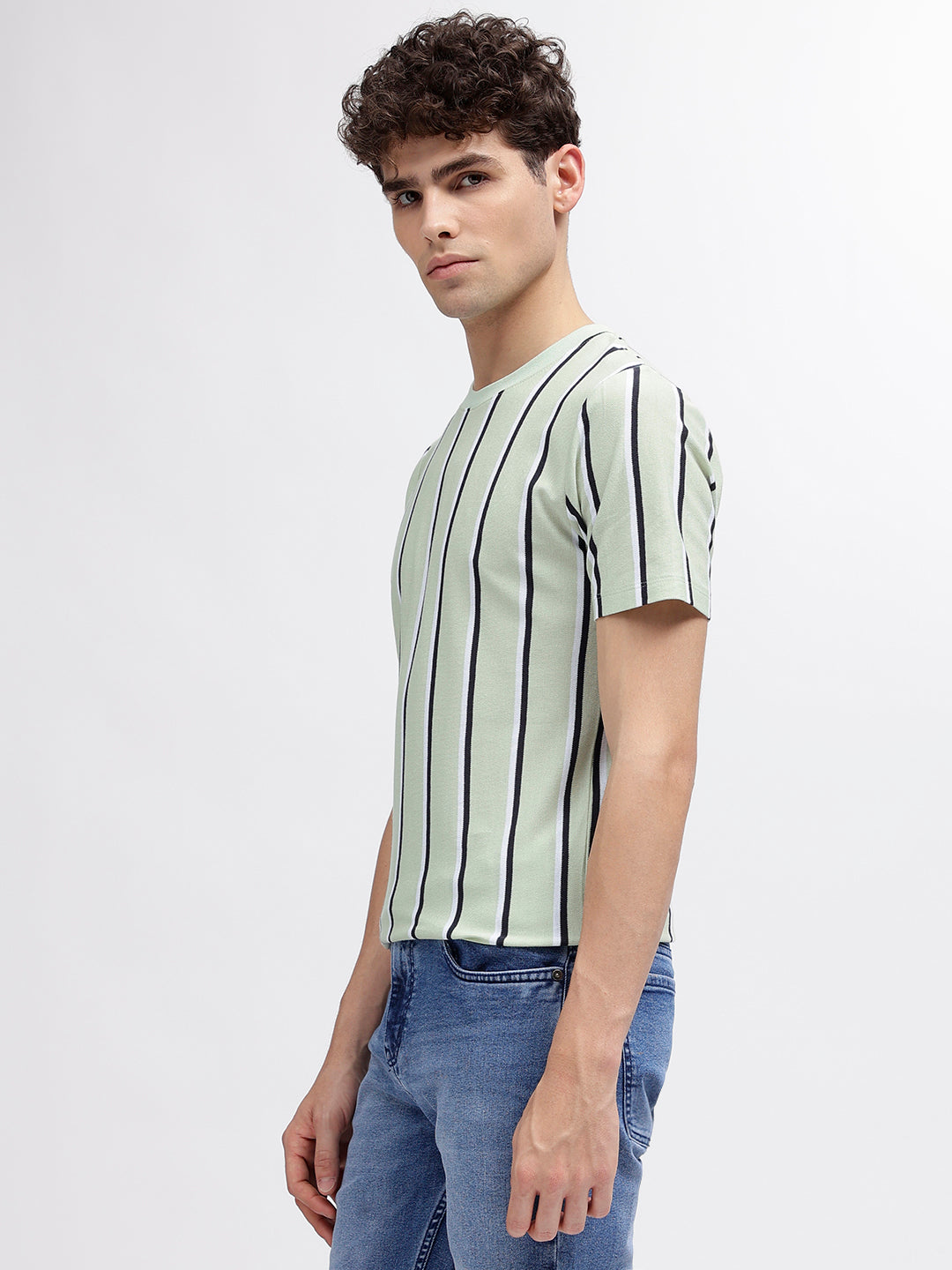 Lindbergh Men Green Striped Round Neck Short Sleeves T-Shirt