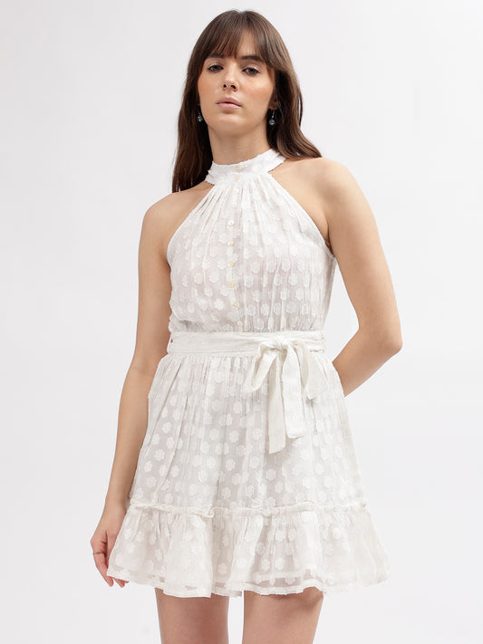 Elle Women Off White Self-Design Choker Neck Sleeveless Dress