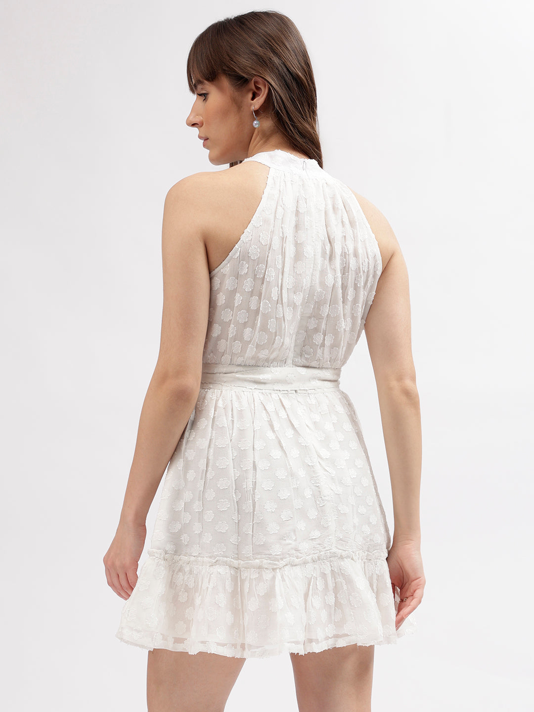 Elle Women Off White Self-Design Choker Neck Sleeveless Dress