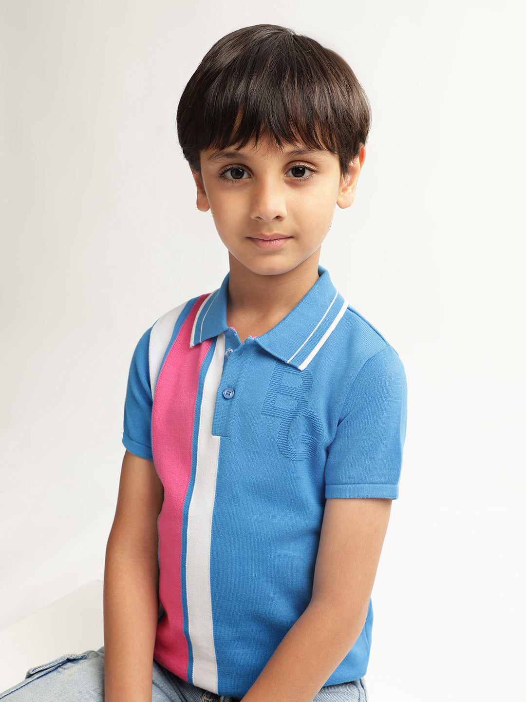 Blue Giraffe Boys Blue Colour blocked Polo Collar Short Sleeves Tshirt