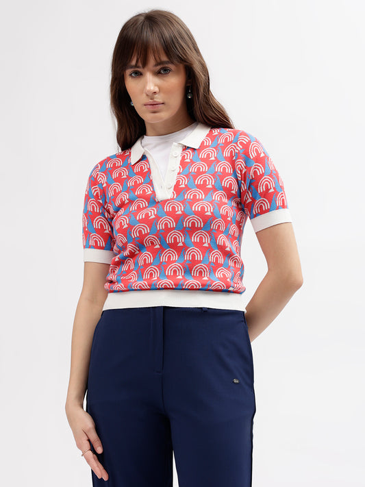 Elle Women Multi Color Printed Polo Collar Short Sleeves T-shirt