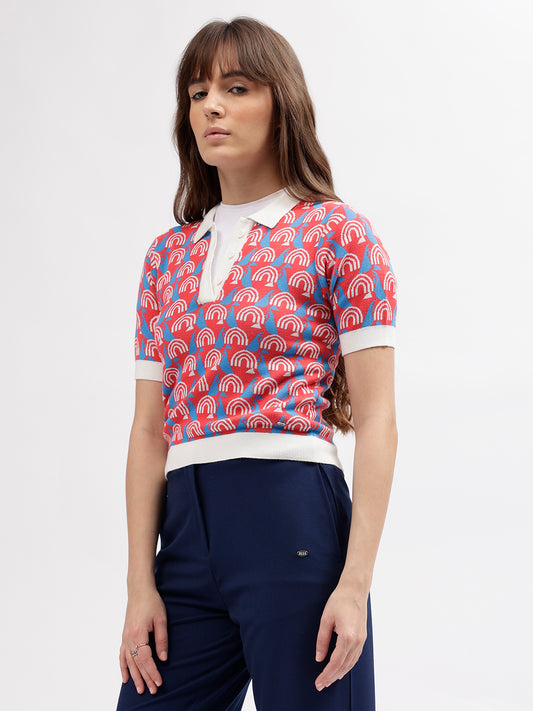 Elle Women Multi Color Printed Polo Collar Short Sleeves T-shirt
