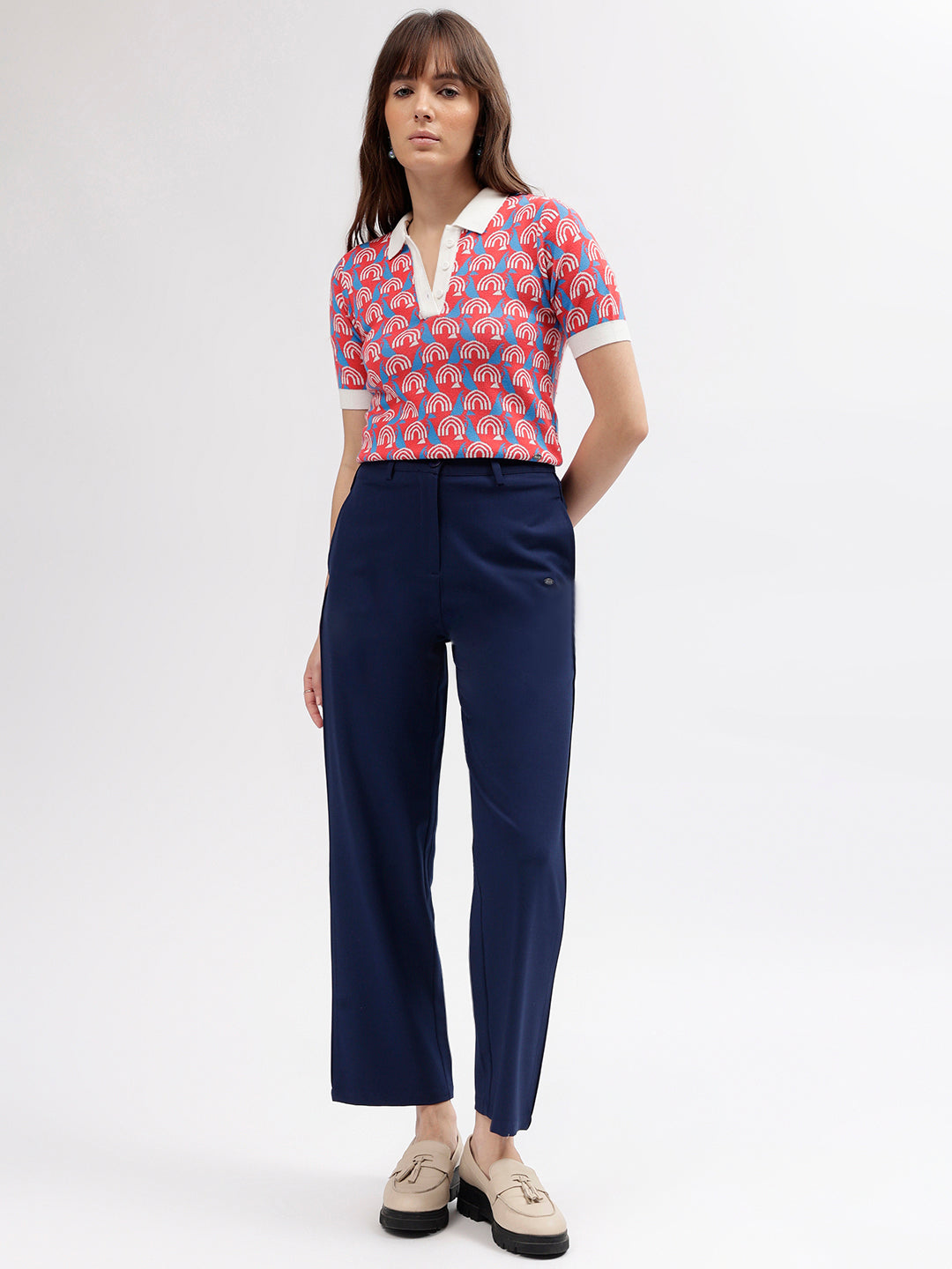 Elle Women Multi Color Printed Polo Collar Short Sleeves Tshirt