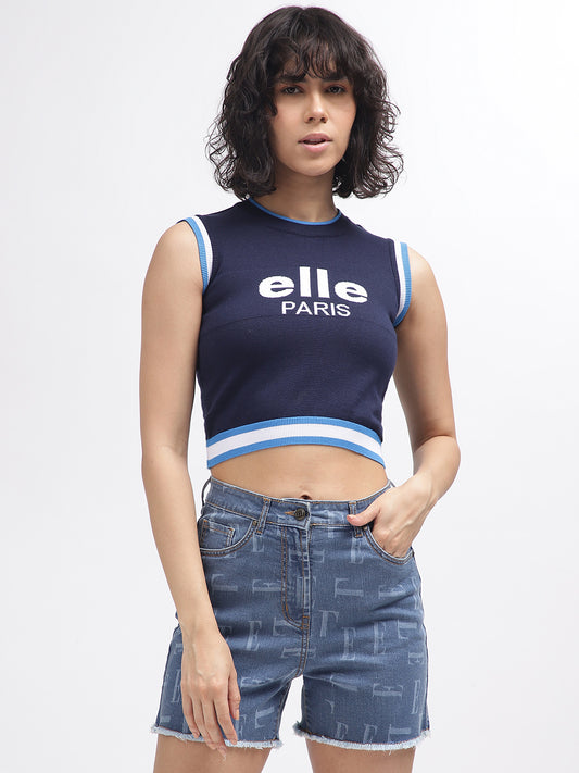 Elle Women Blue Printed Round Neck Sleeveless Top