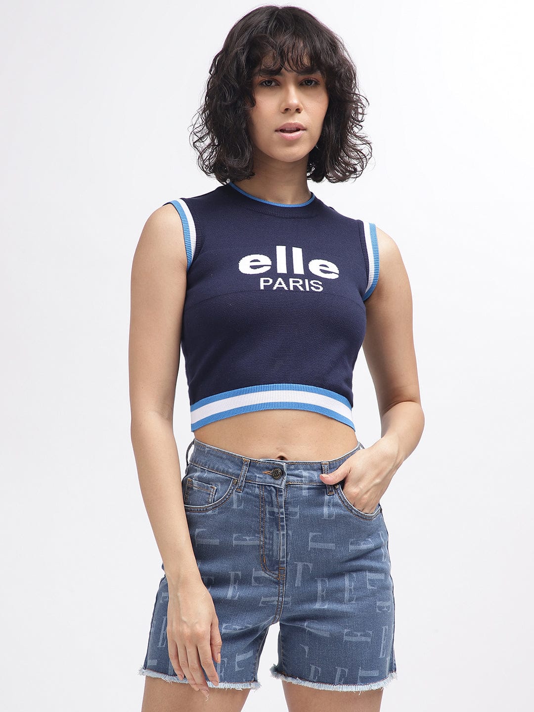 Elle Women Blue Crew Neck Tshirt