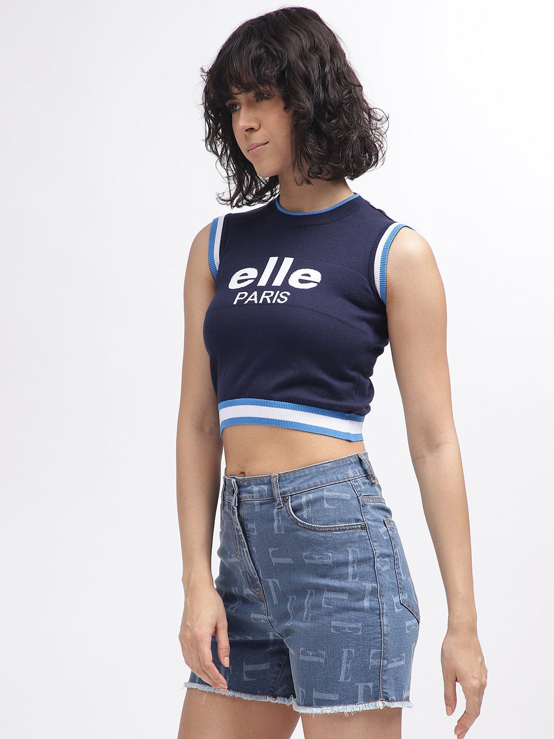 Elle Women Blue Crew Neck Tshirt