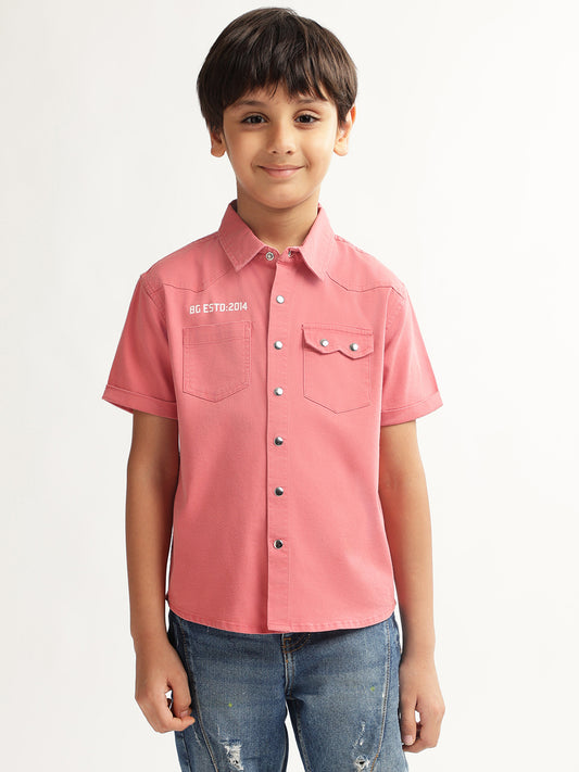 Blue Giraffe Boys Pink Solid Spread Collar Short Sleeves Shirt