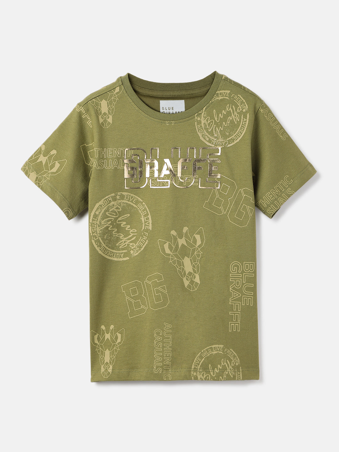 Blue Giraffe Boys Olive Printed Round Neck Short Sleeves Tshirt