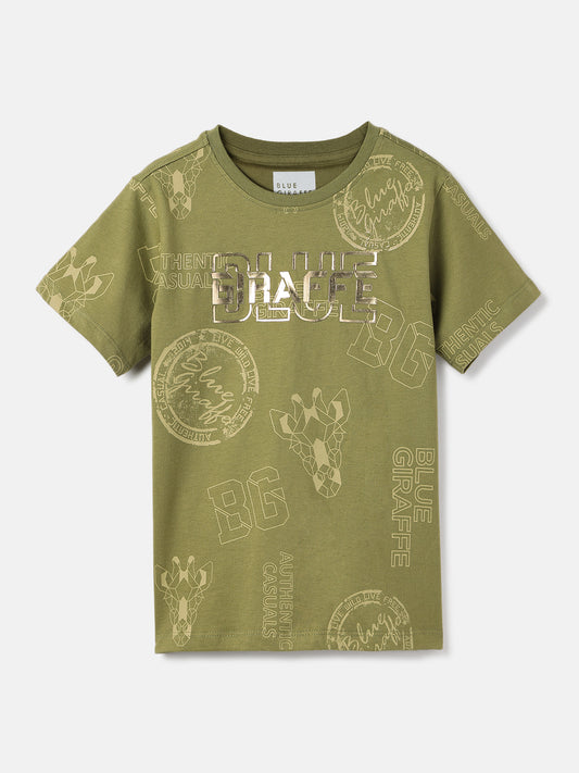Blue Giraffe Boys Olive Printed Round Neck Short Sleeves Tshirt