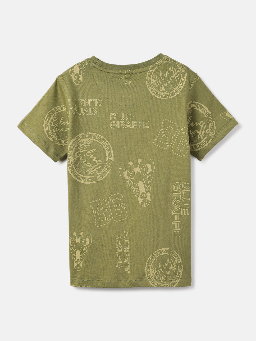 Blue Giraffe Boys Olive Printed Round Neck Short Sleeves Tshirt