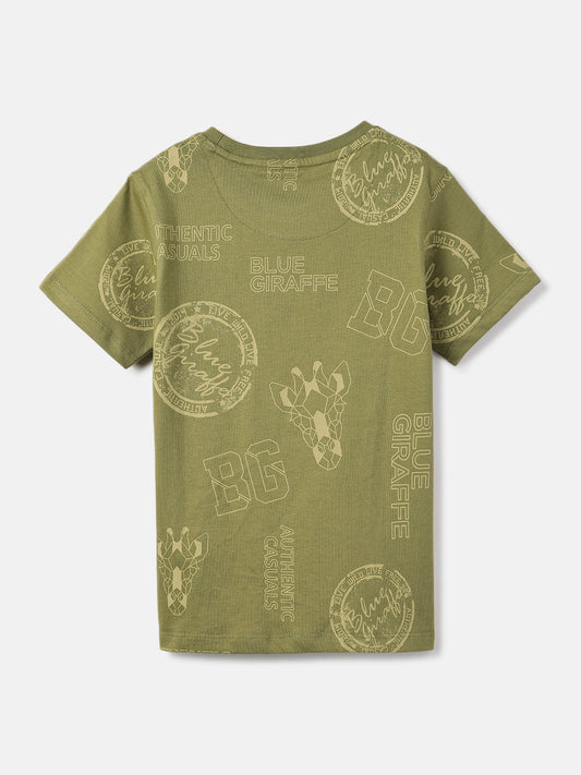 Blue Giraffe Boys Olive Printed Round Neck Short Sleeves Tshirt