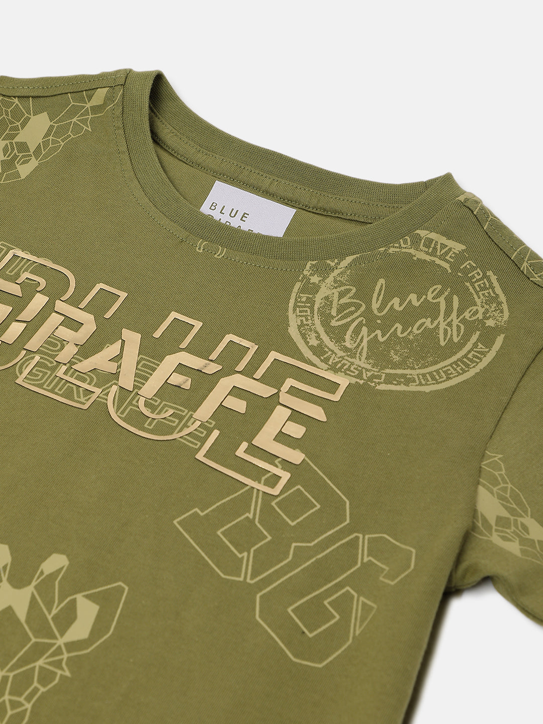 Blue Giraffe Boys Olive Printed Round Neck Short Sleeves Tshirt
