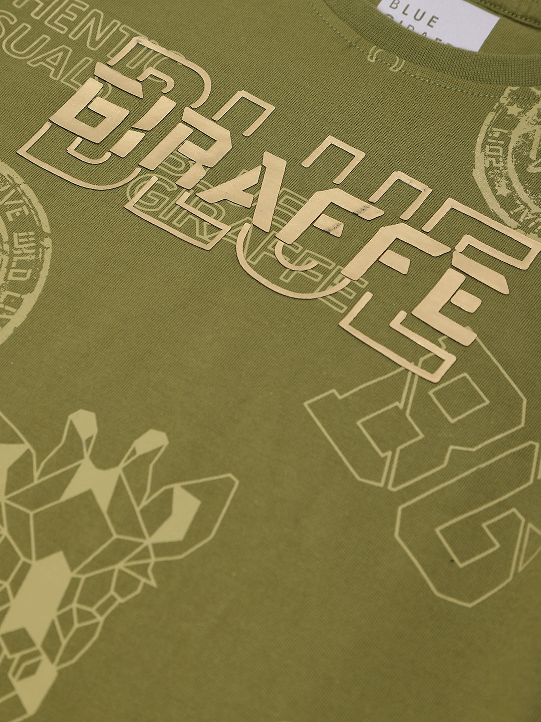 Blue Giraffe Boys Olive Printed Round Neck Short Sleeves Tshirt