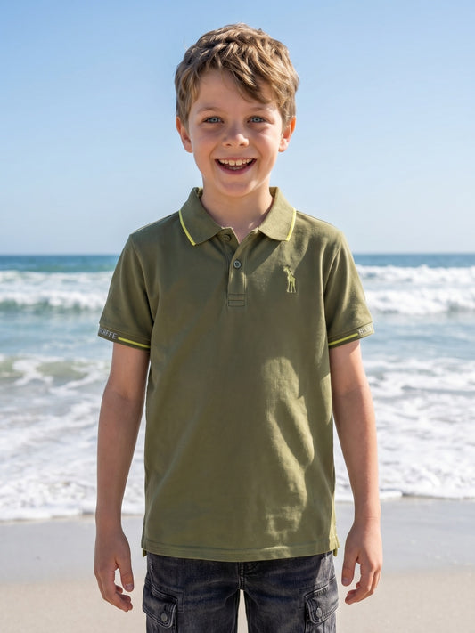 Blue Giraffe Boys Olive Solid Polo Collar Short Sleeves Tshirt