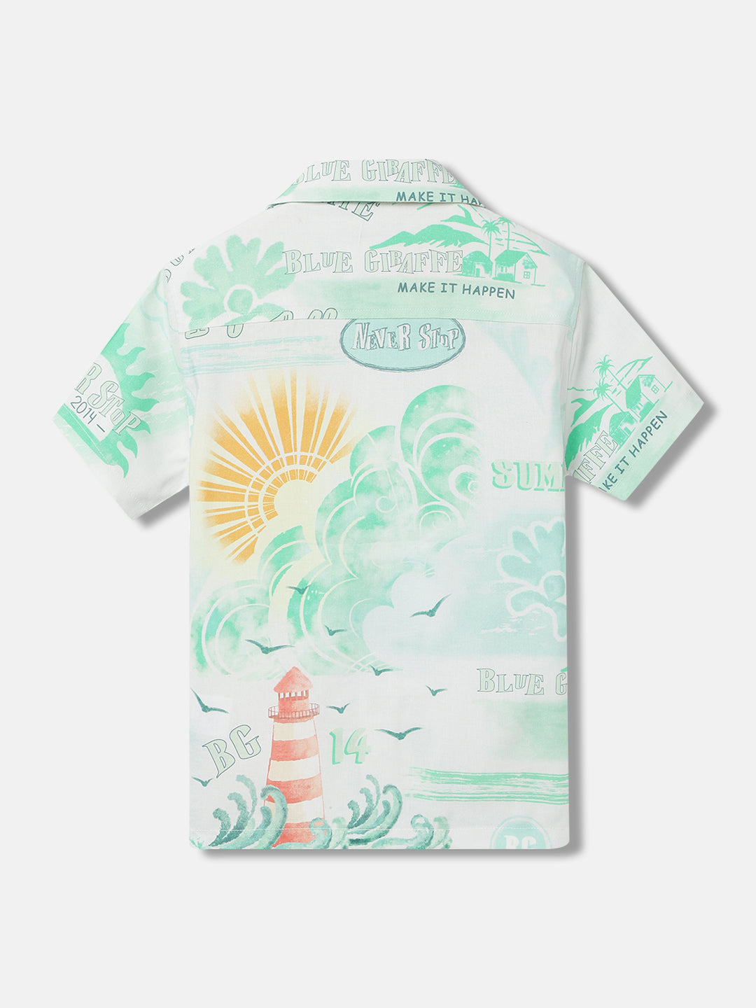 Blue Giraffe Boys White Printed Resort Collar Short Sleeves Shirt