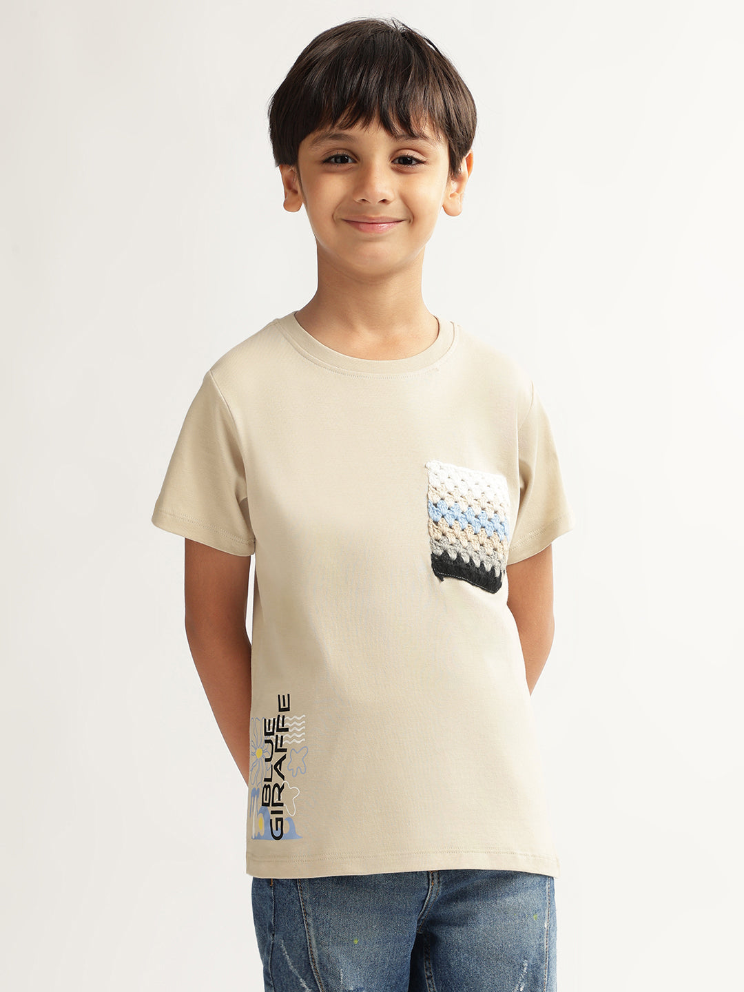 Blue Giraffe Boys Beige Solid Round Neck Short Sleeves Tshirt