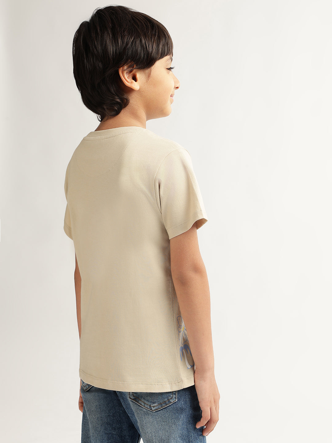 Blue Giraffe Boys Beige Solid Round Neck Short Sleeves Tshirt