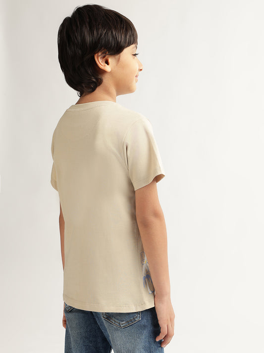 Blue Giraffe Boys Beige Solid Round Neck Short Sleeves Tshirt