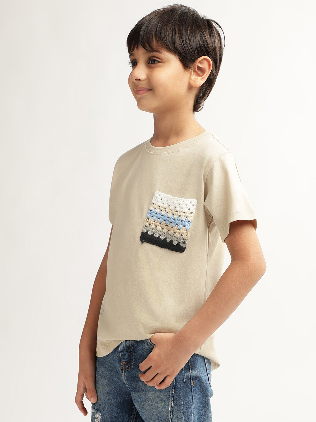 Blue Giraffe Boys Beige Solid Round Neck Short Sleeves Tshirt