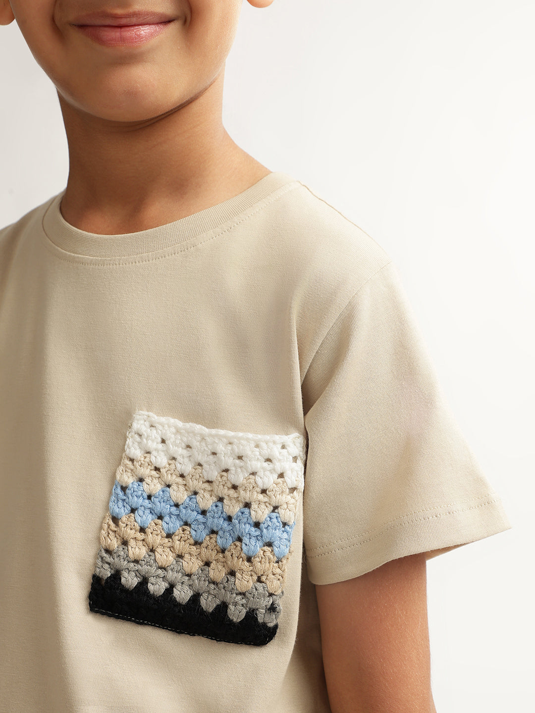 Blue Giraffe Boys Beige Solid Round Neck Short Sleeves Tshirt