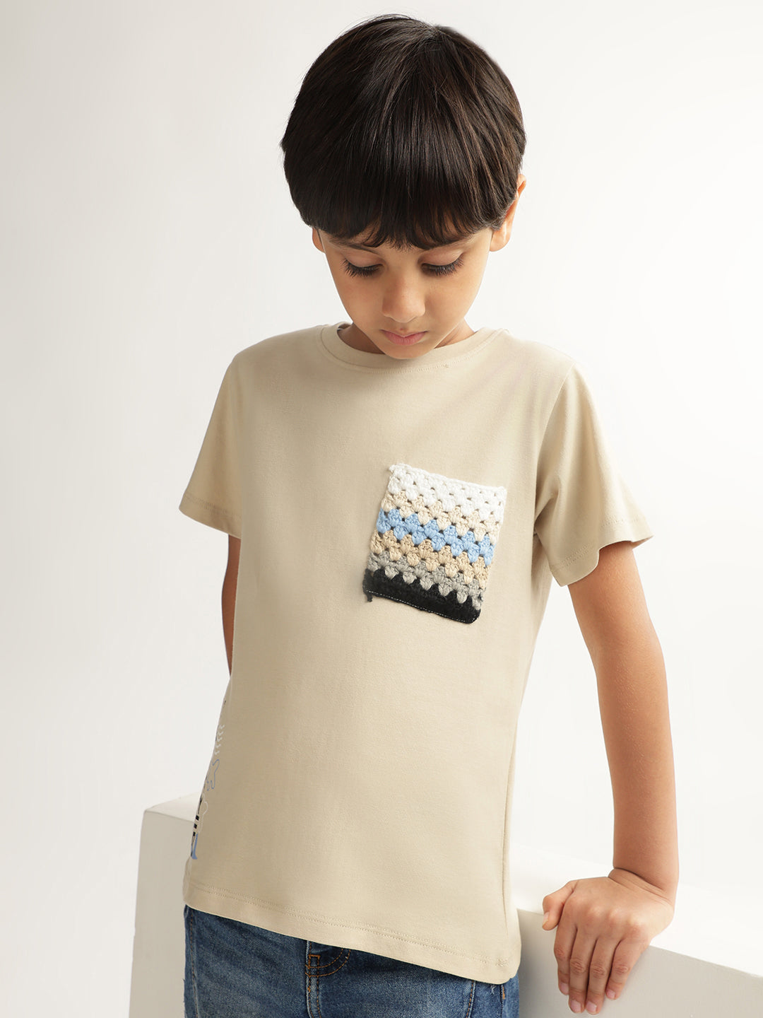 Blue Giraffe Boys Beige Solid Round Neck Short Sleeves Tshirt