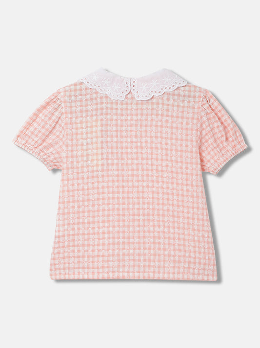 Blue Giraffe Girls Peach Checked Spread Collar Short Sleeves Top
