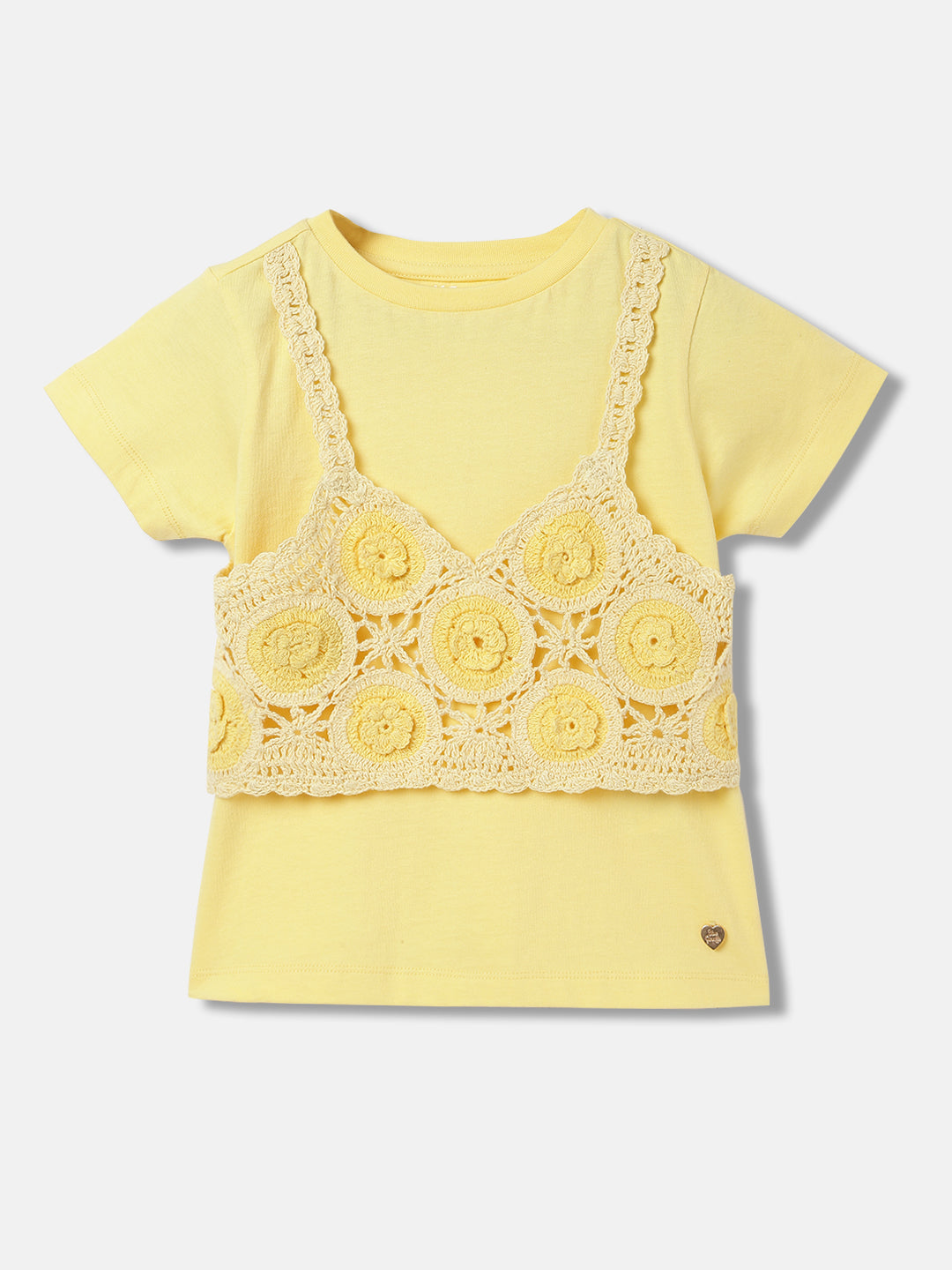 Blue Giraffe Girls Yellow Self-Design Round Neck Short Sleeves T-Shirt